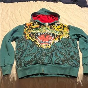 Ed Hardy Teal Hoodie with Red Lining